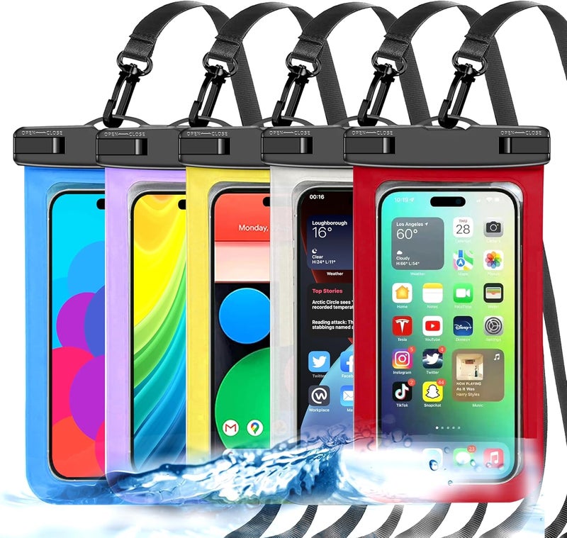 Famoby Up to 8.3" 5 Pack Multicolor Universal Waterproof Phone Pouch, Phone Waterproof Case Dry Bag,Protection Level: IP68,Outdoor Sports for Apple iPhone,Samsung,and More,White,Blue,Red,Purple,Yellow - Image 1